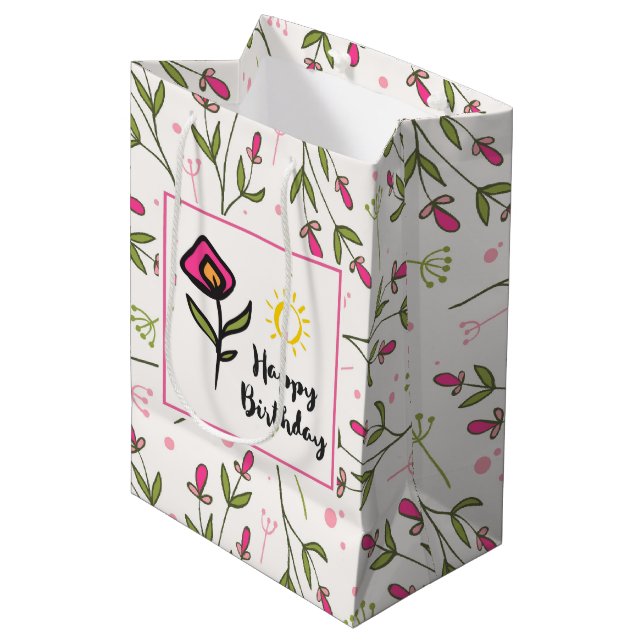 Sac Cadeau Moyen Joyeux anniversaire - Joli Fleurs sauvages et sole (Devant Angle)