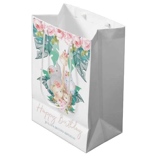 Sac Cadeau Moyen Joyeux anniversaire Jungle Animaux Fille Anniversa (Devant Angle)
