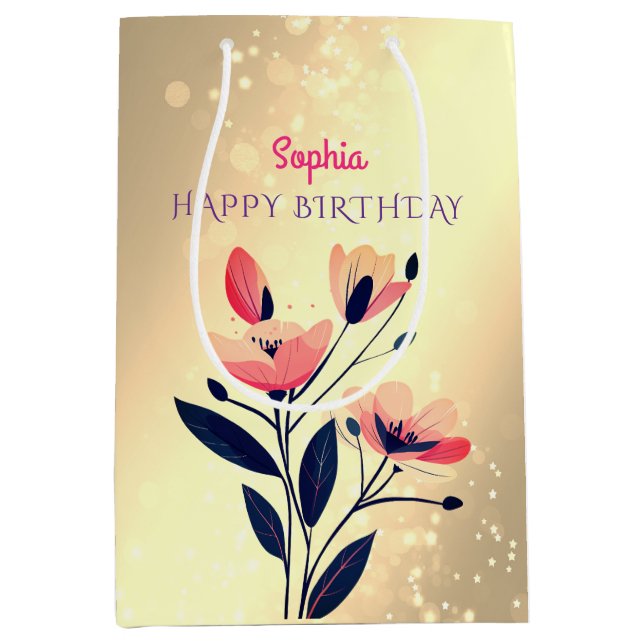 Sac Cadeau Moyen Joyeux Anniversaire, Nom, Fleurs sur Or (Devant)
