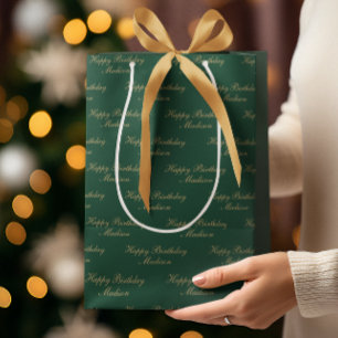 Sac Cadeau Moyen Joyeux Anniversaire Nom Script Vert Or