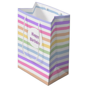 Sac Cadeau Moyen Joyeux Anniversaire Pastel Rainbow White Stripes