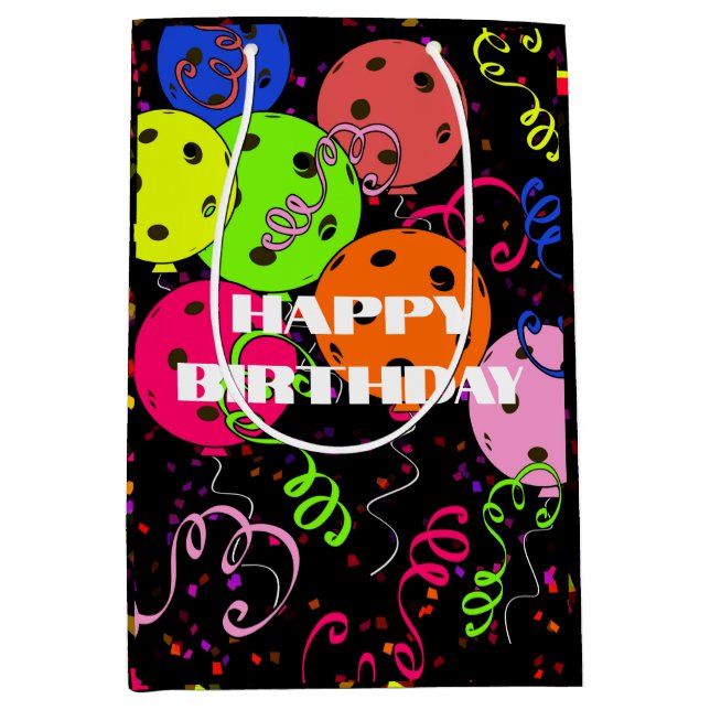 Sac Cadeau Moyen Joyeux Anniversaire Pickleball Ballons Confetti No (Devant)
