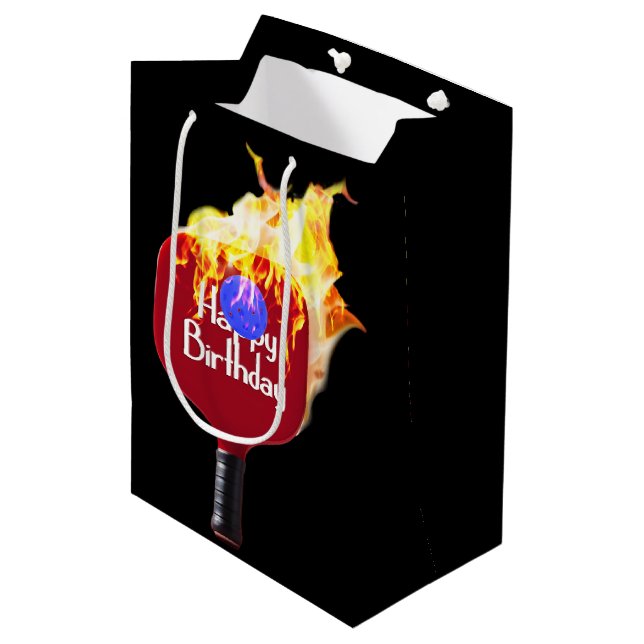 Sac Cadeau Moyen Joyeux Anniversaire Pickleball Paddle En Feu (Devant Angle)
