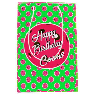 Sac Cadeau Moyen Joyeux Anniversaire Pickleball Pink Balls sur Vert
