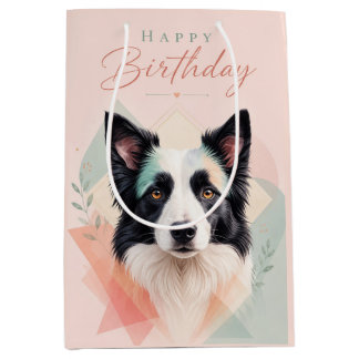 Sac Cadeau Moyen Joyeux Anniversaire Portrait de Chien Noir Blanc A