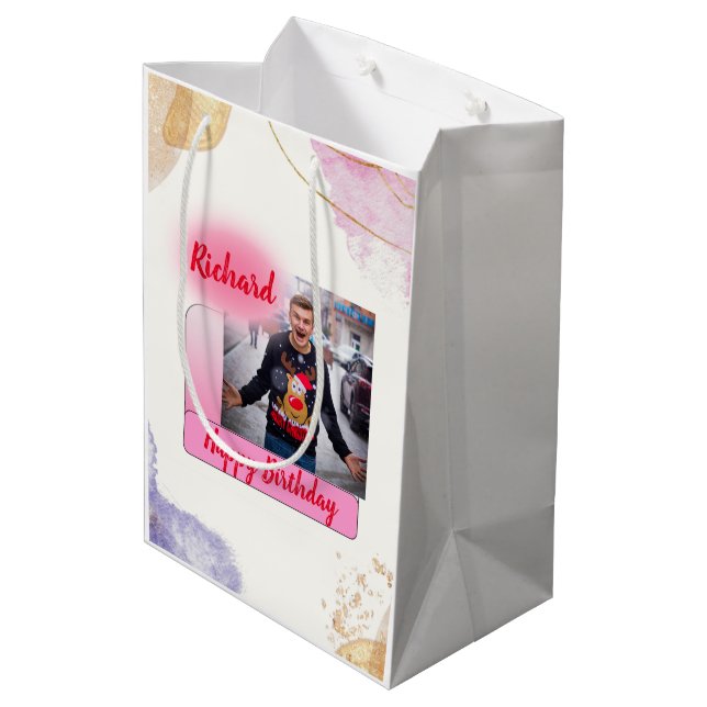 Sac Cadeau Moyen Joyeux Anniversaire rose Gradient Moderne Ajouter  (Dos Angle)