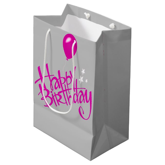 Sac Cadeau Moyen Joyeux anniversaire rose sur gris (Devant Angle)