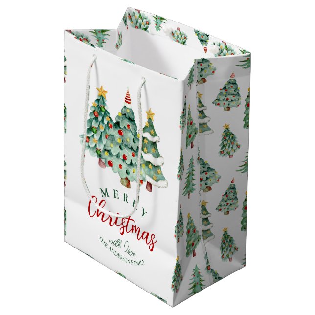 Sac Cadeau Moyen Joyeux arbre de Noël motif blanc vert hiver (Devant Angle)