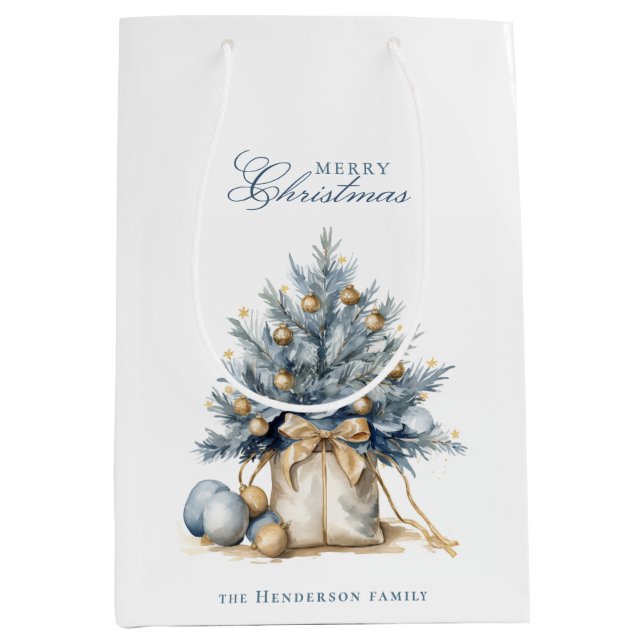 Sac Cadeau Moyen Joyeux Arbre de Noël Or Bleu Nom personnalisé (Devant)