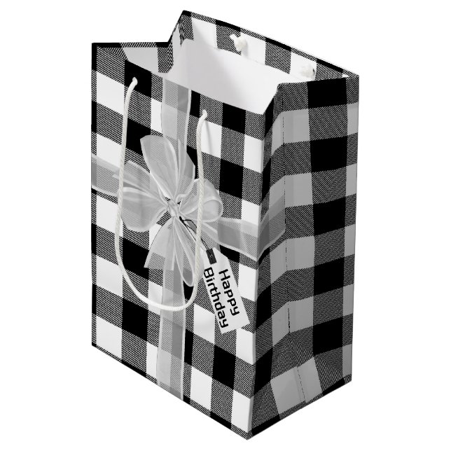 Sac Cadeau Moyen Joyeux Bow Anniversaire Sur Plaid (Devant Angle)