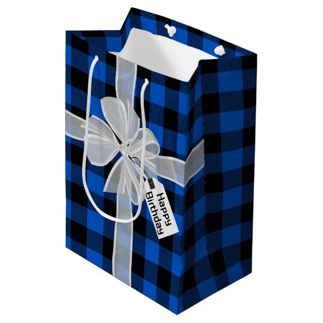 Sac Cadeau Moyen Joyeux Bow Anniversaire Sur Plaid (Devant Angle)