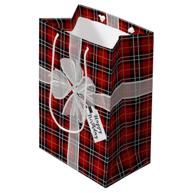 Sac Cadeau Moyen Joyeux Bow Anniversaire Sur Tartan Plaid (Devant Angle)