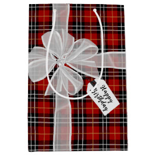 Sac Cadeau Moyen Joyeux Bow Anniversaire Sur Tartan Plaid