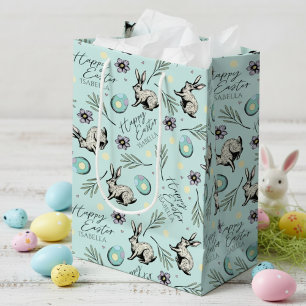 Sac Cadeau Moyen Joyeux Bunny de nom de Pâques Turquoise