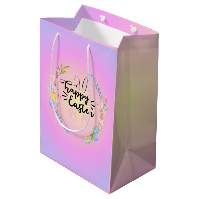 Sac Cadeau Moyen Joyeux Bunny de Pâques Outline Joli Pastel (Dos Angle)