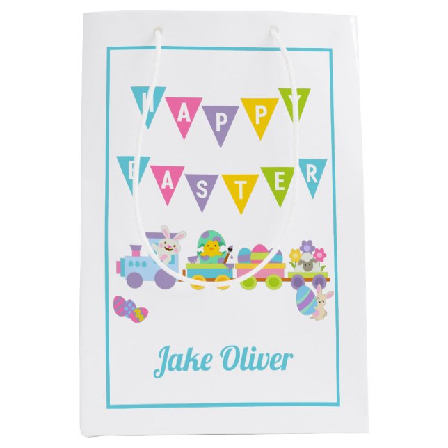 Sac Cadeau Moyen Joyeux Bunny Train de Pâques bleu moyen (Devant)