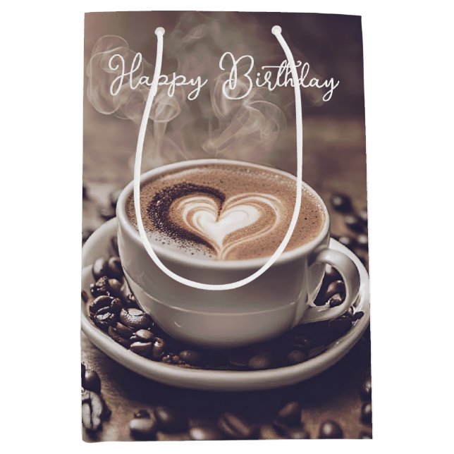 Sac Cadeau Moyen Joyeux Café Anniversaire Avec Coeur (Devant)