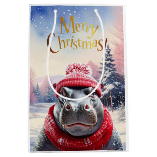 Sac Cadeau Moyen Joyeux chapeau et foulard de Noël Hippo