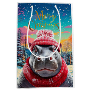 Sac Cadeau Moyen Joyeux chapeau et foulard de Noël Hippo