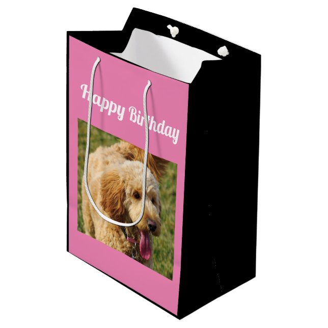 Sac Cadeau Moyen Joyeux chien doré d'anniversaire (Devant Angle)
