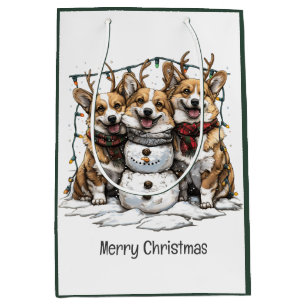 Sac Cadeau Moyen Joyeux Chiens de Corgi Noël Snowman