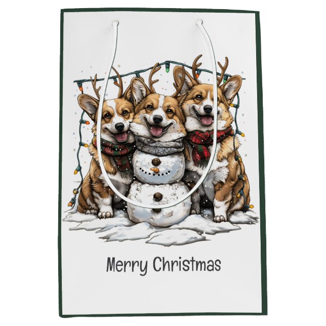 Sac Cadeau Moyen Joyeux Chiens de Corgi Noël Snowman (Devant)