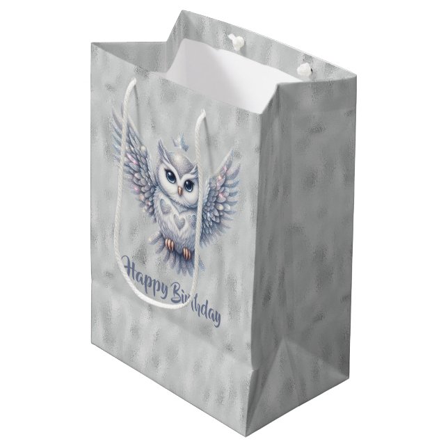 Sac Cadeau Moyen Joyeux Chouette d'argent d'anniversaire sur Grey (Devant Angle)