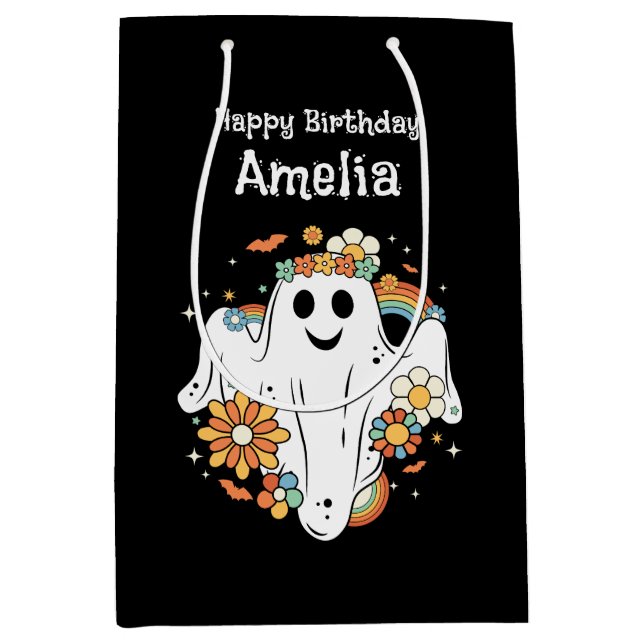 Sac Cadeau Moyen Joyeux Ghost Retro Hippie Vibe Anniversaire (Devant)