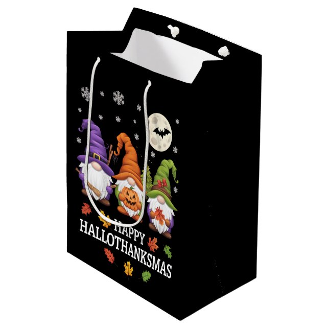 Sac Cadeau Moyen Joyeux Hallothanksmas Gnomes Lover Halloween Noël (Devant Angle)