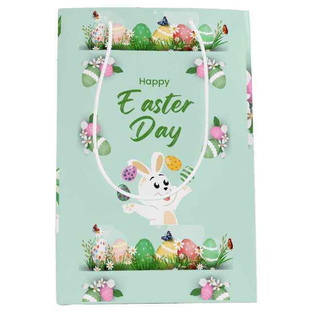 Sac Cadeau Moyen Joyeux jour de Pâques - Drôle lapin et oeufs Pâque (Devant)