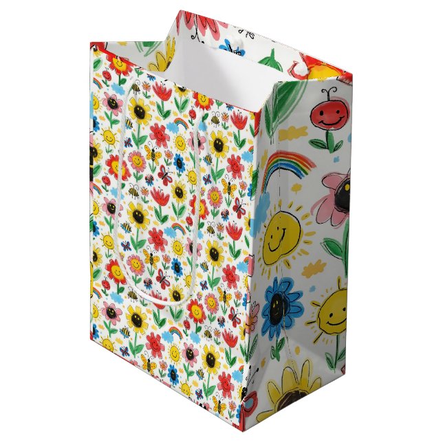 Sac Cadeau Moyen Joyeux jours - Fleur joyeuse et Motif d'amis (Devant Angle)