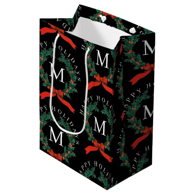Sac Cadeau Moyen Joyeux Joyeux Jours Personnalisés Monogramme Noir  (Devant Angle)