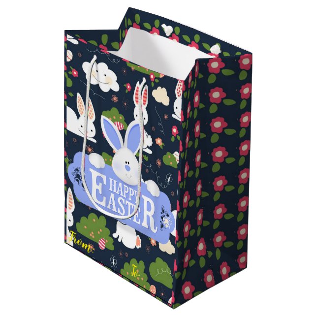 Sac Cadeau Moyen Joyeux Lapin de Pâques Floral (Devant Angle)