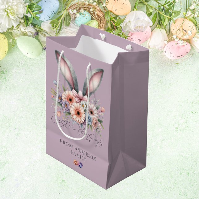 Sac Cadeau Moyen Joyeux Lapin Floral Pâques Oreilles pourpres (Créateur téléchargé)