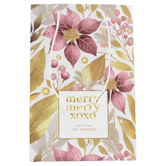 Sac Cadeau Moyen Joyeux Motif de Noël rose or #21 ID1009 (Devant)