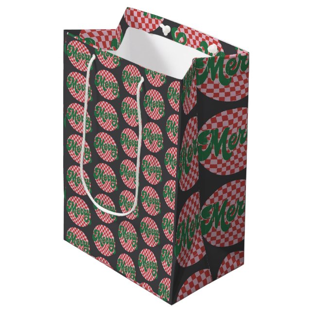 Sac Cadeau Moyen Joyeux Noël à carreaux rétro  (Devant Angle)