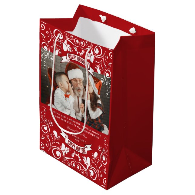 Sac Cadeau Moyen Joyeux Noël Art Nouveau Floral Photo (Devant Angle)