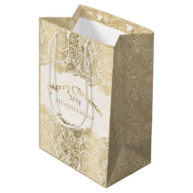Sac Cadeau Moyen Joyeux Noël Blanc & Or Floral Paisley Lace (Dos Angle)