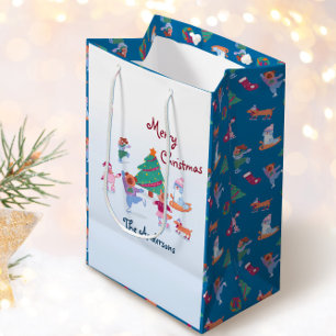 Sac Cadeau Moyen Joyeux Noël Chien Ice Patinage Nom Bleu