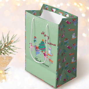 Sac Cadeau Moyen Joyeux Noël Chien Patinage sur glace Pistache Vert