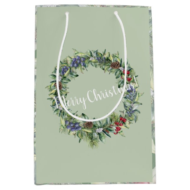 Sac Cadeau Moyen Joyeux Noël - Couronne - Aquarelle peinte à la mai (Devant)