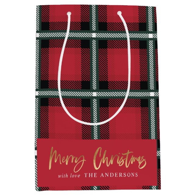 Sac Cadeau Moyen Joyeux Noël de l'écriture or rouge tartan vacances (Devant)