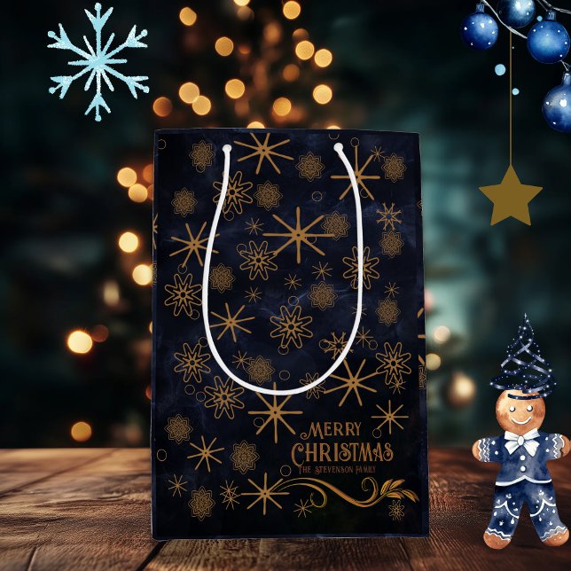 Sac Cadeau Moyen Joyeux Noël élégant motif bleu marine (Elegant Pattern Blue Merry Christmas Medium Gift Bag)