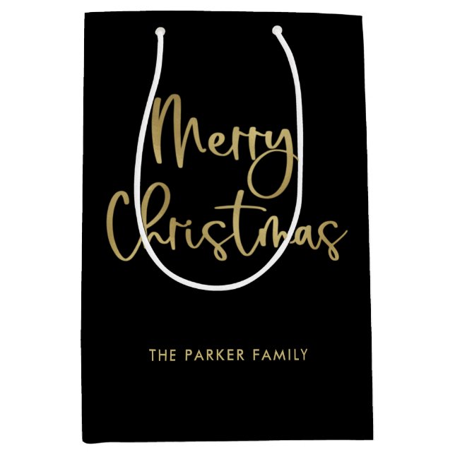 Sac Cadeau Moyen Joyeux Noël | Faux Gold sur Black Décontracté Scri (Devant)