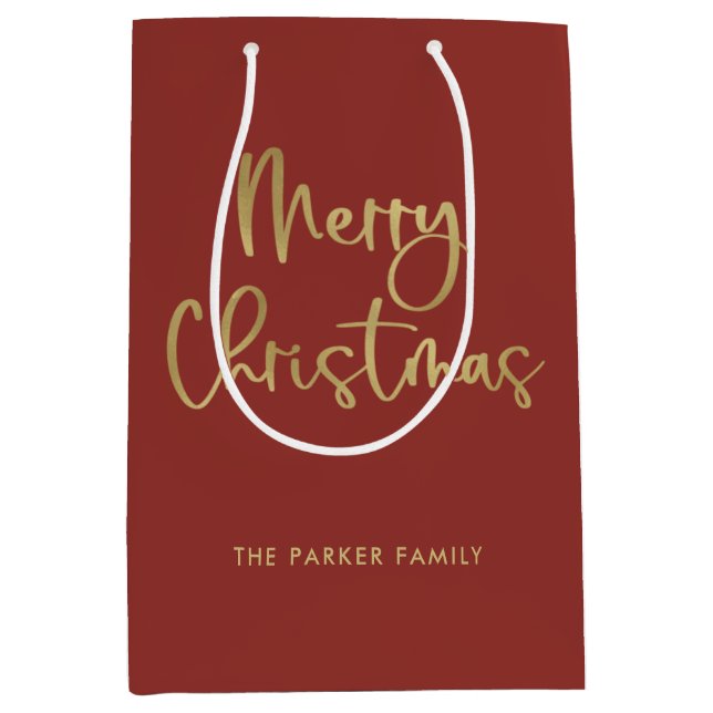 Sac Cadeau Moyen Joyeux Noël | Faux Gold sur Red Décontracté Script (Devant)