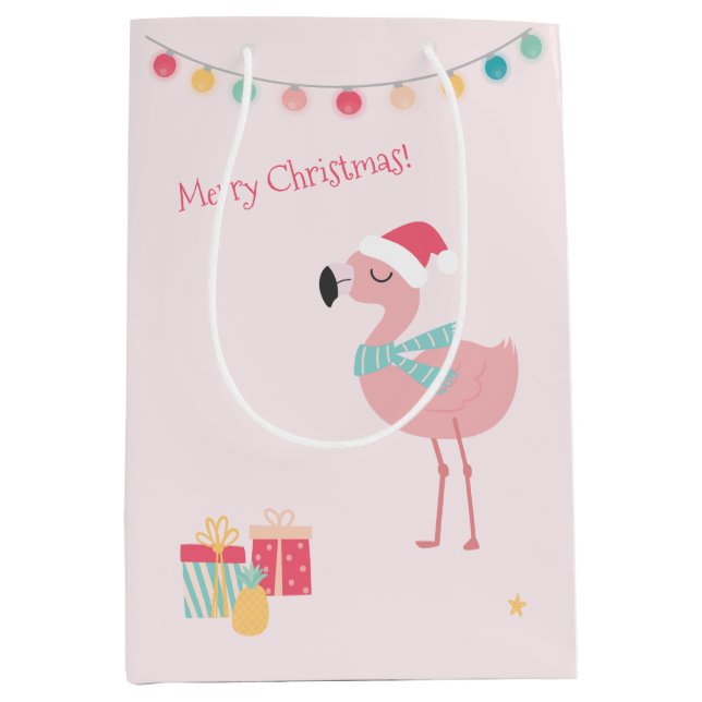 Sac Cadeau Moyen Joyeux Noël ! Flamant rose Père Noël Tropical (Devant)