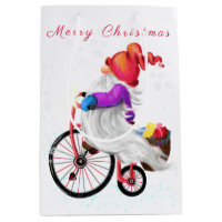 Joyeux Noël - Gnome drôle avec vélo et cadeaux