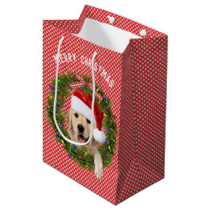 Sac Cadeau Moyen Joyeux Noël Golden Retriever en pois