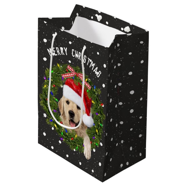 Sac Cadeau Moyen Joyeux Noël Golden Retriever en pois (Devant Angle)