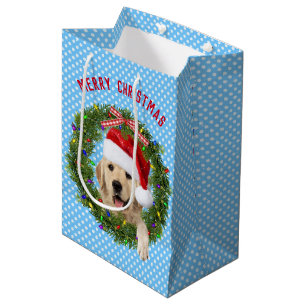 Sac Cadeau Moyen Joyeux Noël Golden Retriever en pois